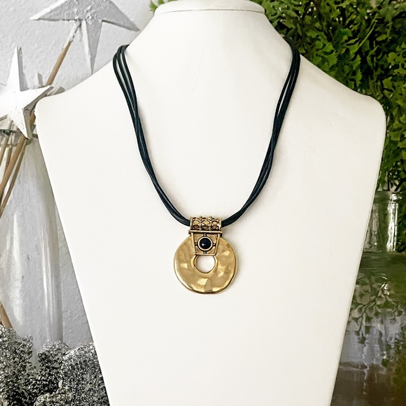 Chico’s statement piece black gold medallion disc necklace